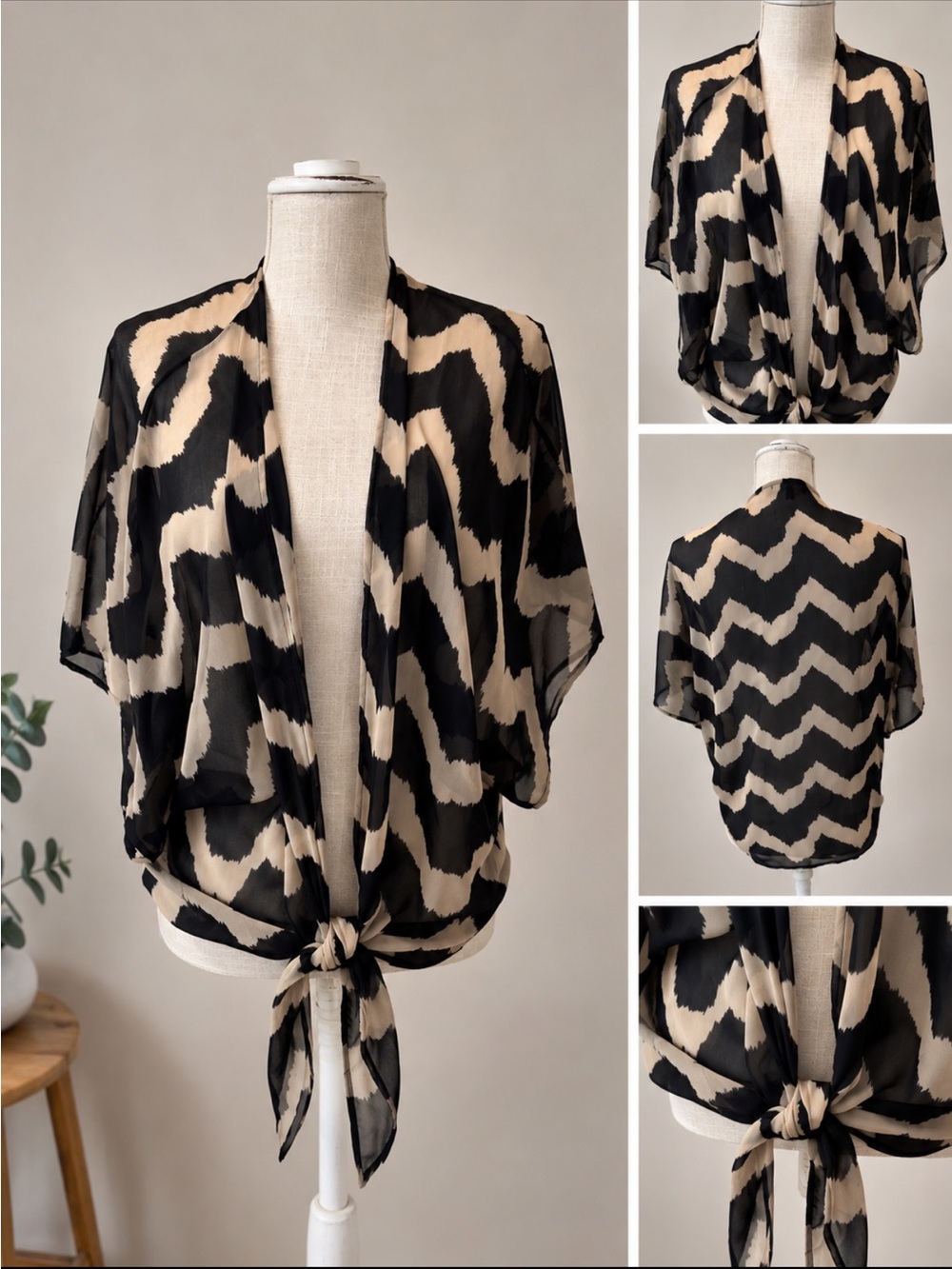 Black and Cream Sheer Tie-Front Kimono